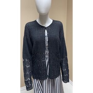 Vintage Black Hand Knit Cardigan Lightweight Spring Summer Cottagecore Womens L